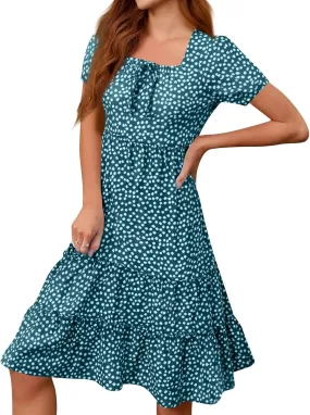 Square Neck Milkmaid Dress Women Polka Dot Chiffon Elegant Flowy Summer Dress Loose Tiered A Line Boho Beach Sundress