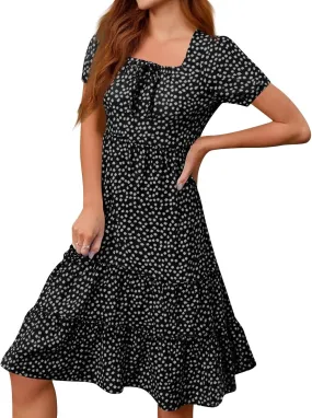 Square Neck Milkmaid Dress Women Polka Dot Chiffon Elegant Flowy Summer Dress Loose Tiered A Line Boho Beach Sundress