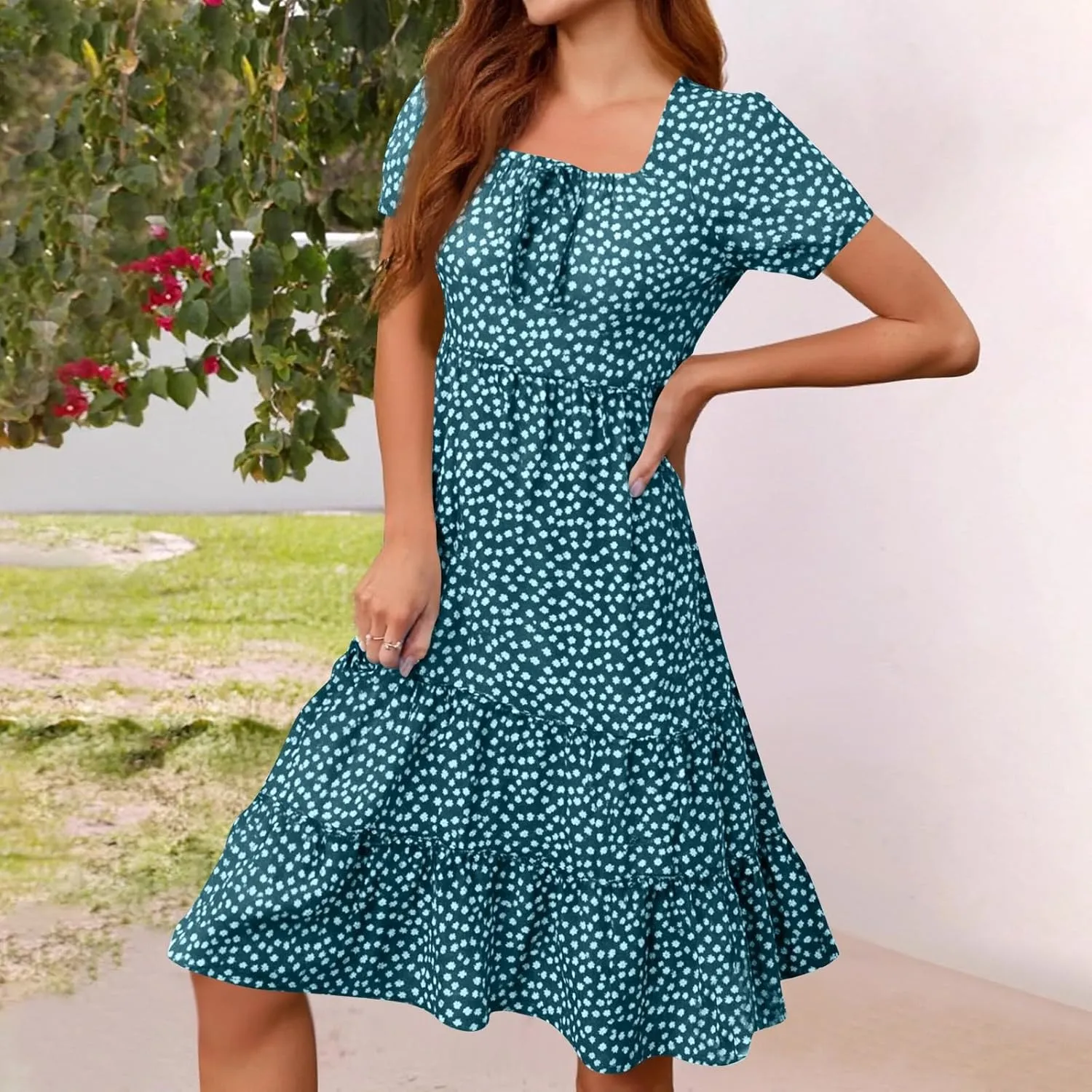 Square Neck Milkmaid Dress Women Polka Dot Chiffon Elegant Flowy Summer Dress Loose Tiered A Line Boho Beach Sundress