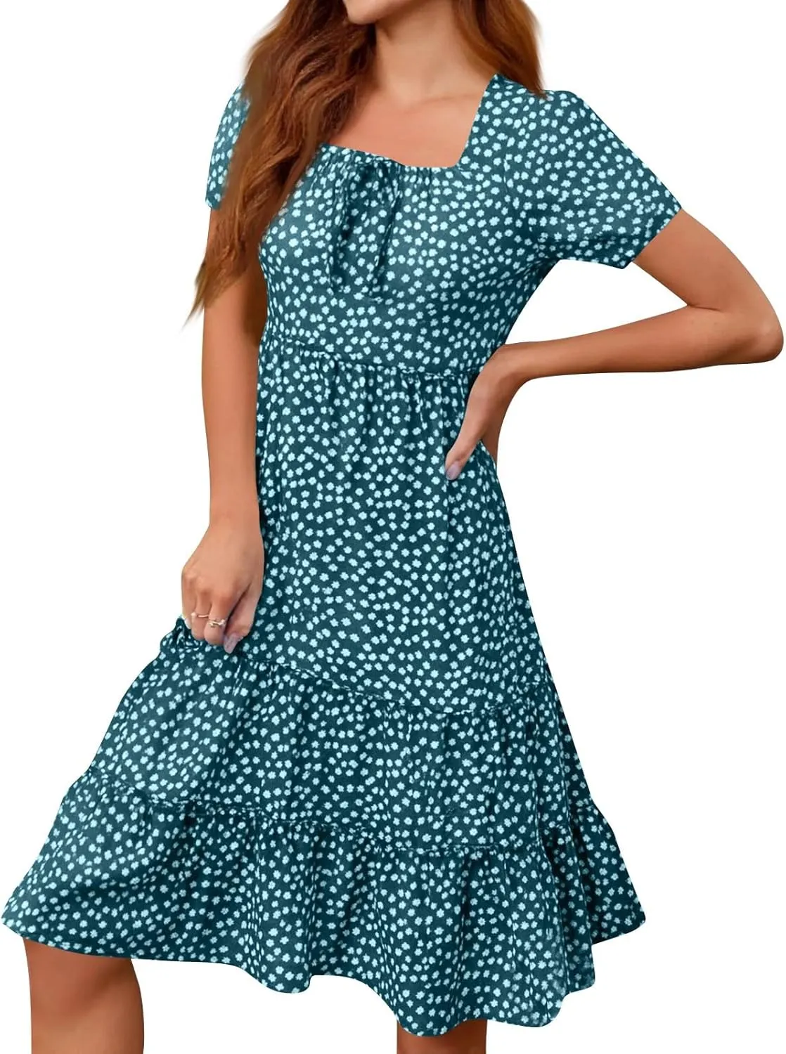 Square Neck Milkmaid Dress Women Polka Dot Chiffon Elegant Flowy Summer Dress Loose Tiered A Line Boho Beach Sundress