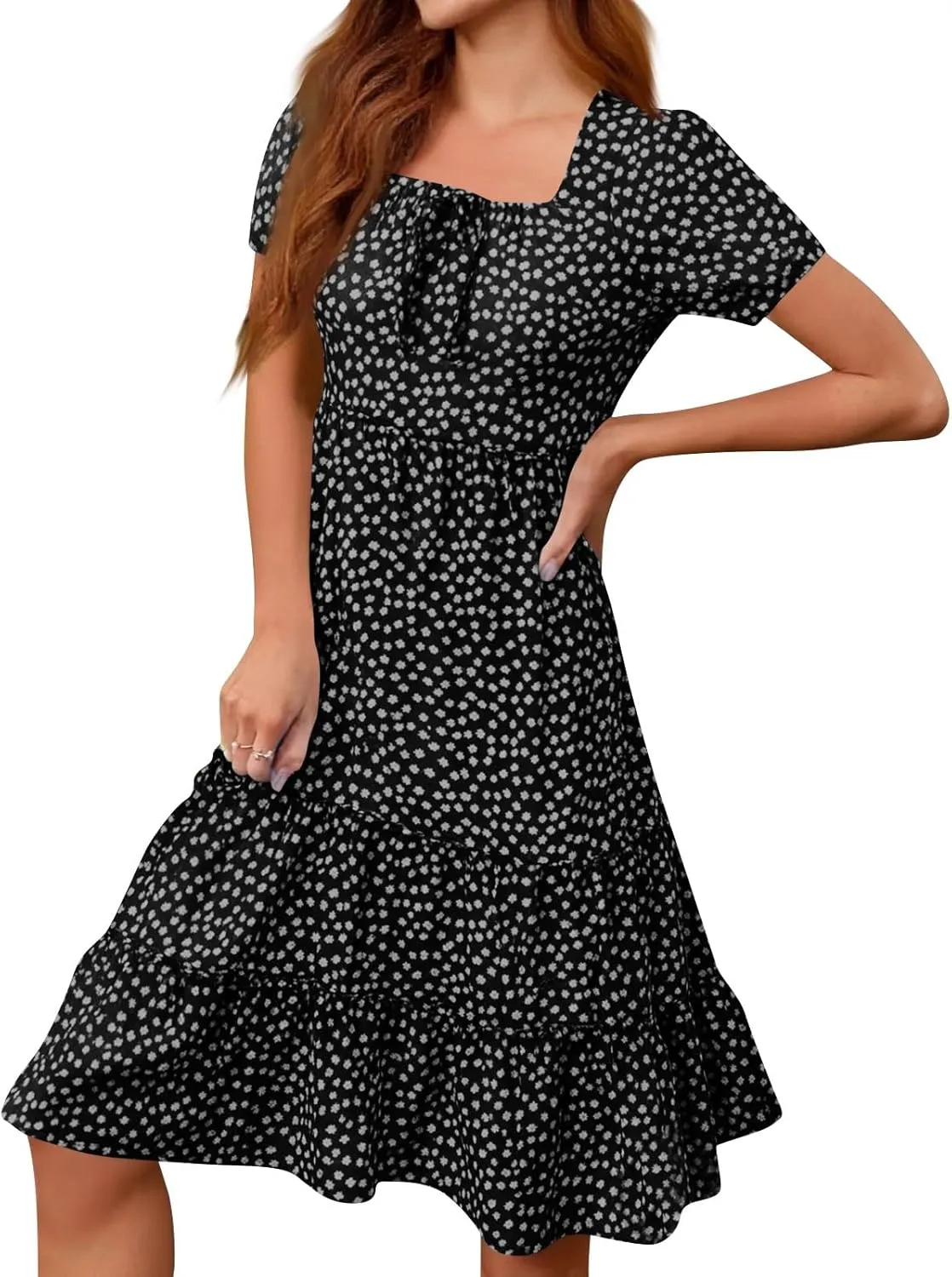 Square Neck Milkmaid Dress Women Polka Dot Chiffon Elegant Flowy Summer Dress Loose Tiered A Line Boho Beach Sundress