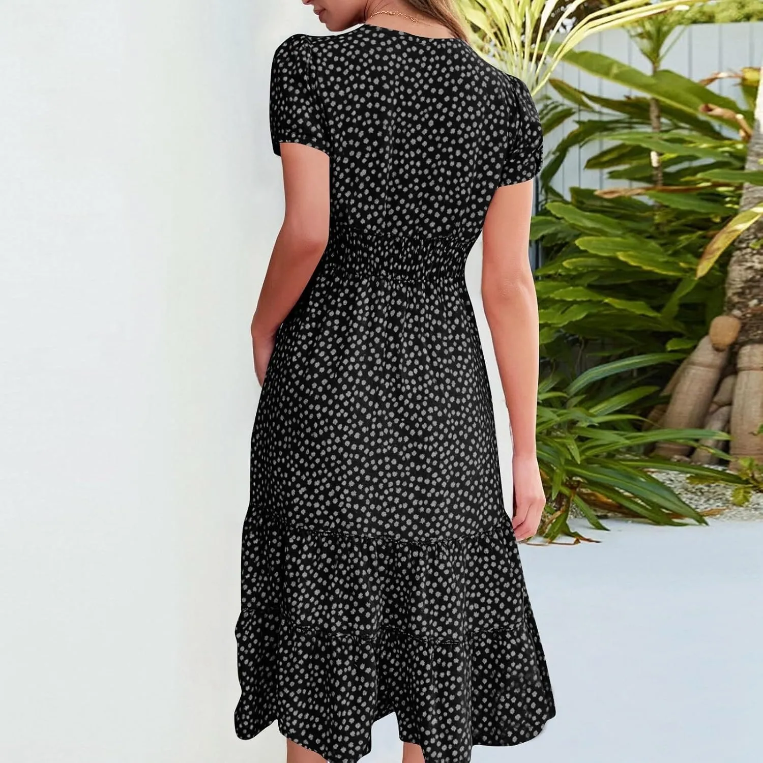 Square Neck Milkmaid Dress Women Polka Dot Chiffon Elegant Flowy Summer Dress Loose Tiered A Line Boho Beach Sundress