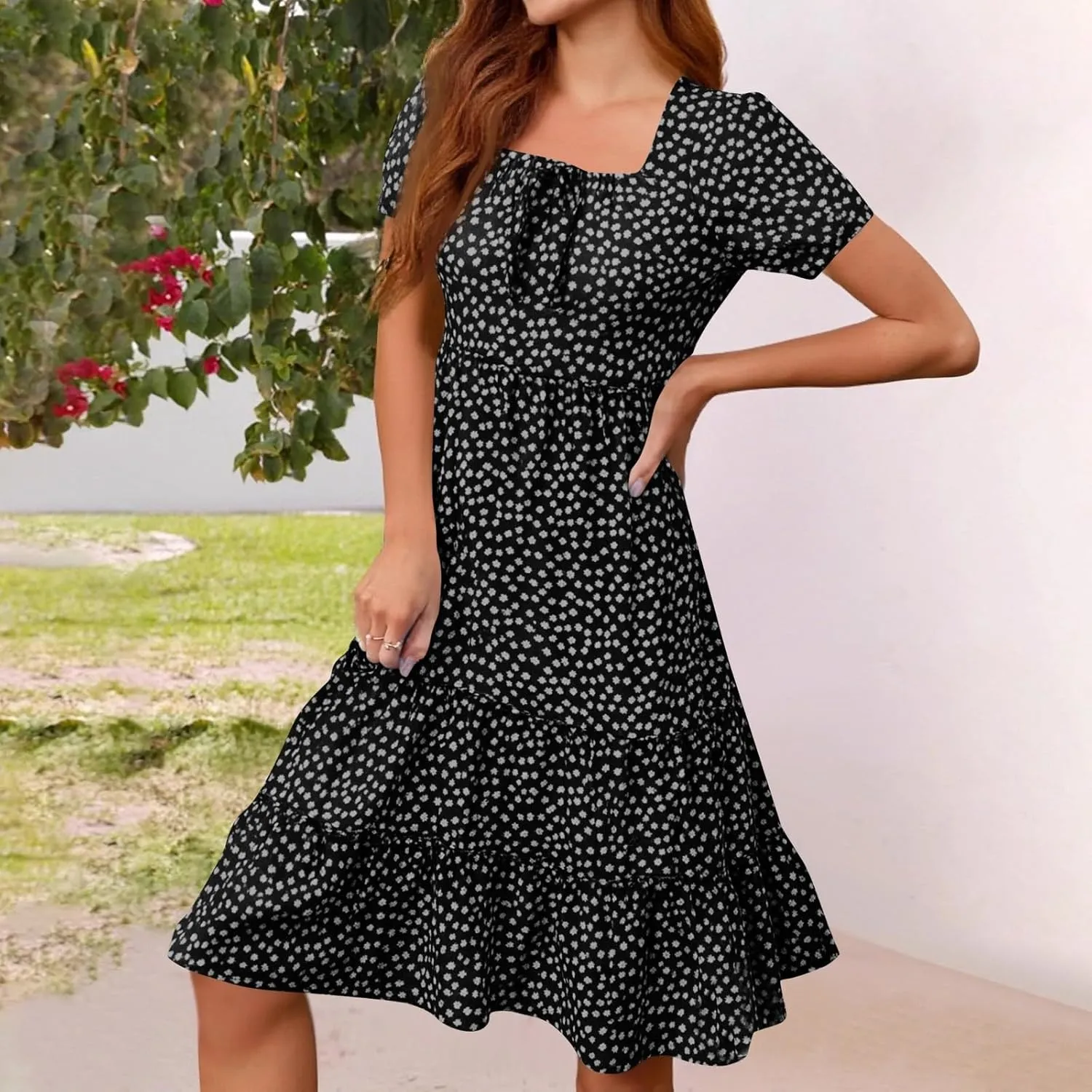 Square Neck Milkmaid Dress Women Polka Dot Chiffon Elegant Flowy Summer Dress Loose Tiered A Line Boho Beach Sundress