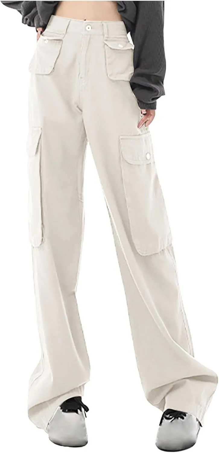 Teen Girls Y2k Cargo Pants Straight Wide Leg Baggy Joggers Fold-Over Waist Stylish Hip Hop Streetwear Hiking Pants
