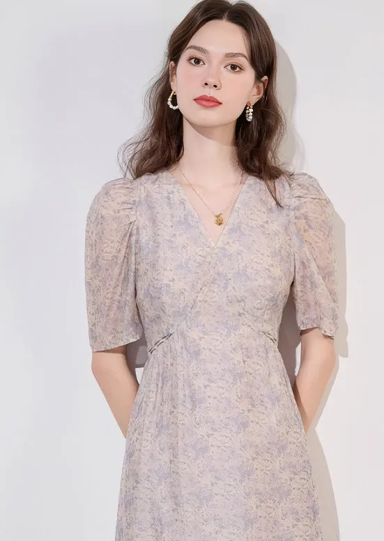 V-NECK PALE FLOWER PRINT DRESS