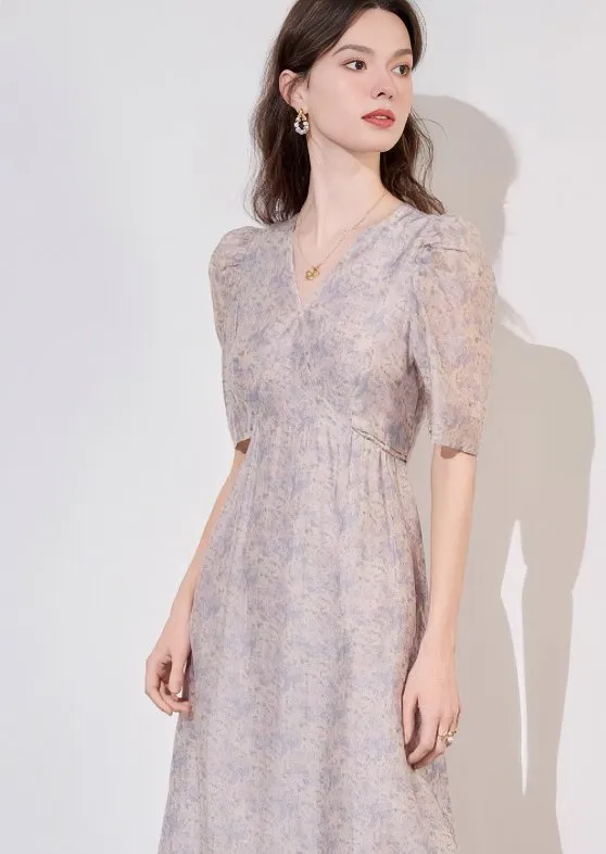 V-NECK PALE FLOWER PRINT DRESS