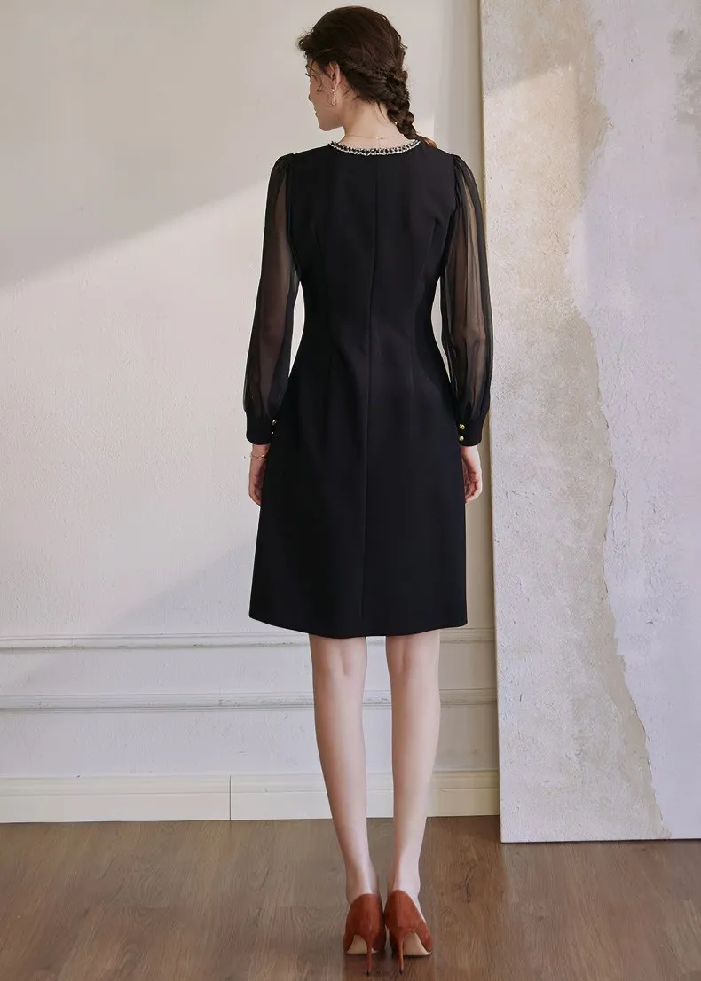 V-NECK STITCHING CHIFFON DRESS