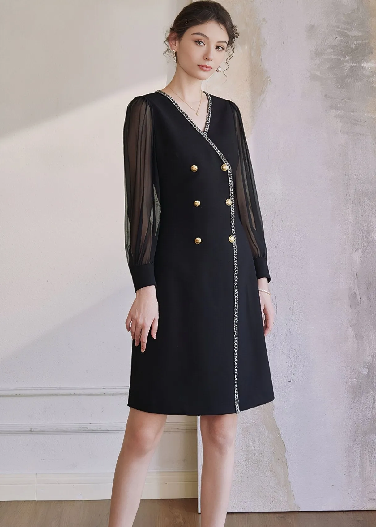 V-NECK STITCHING CHIFFON DRESS