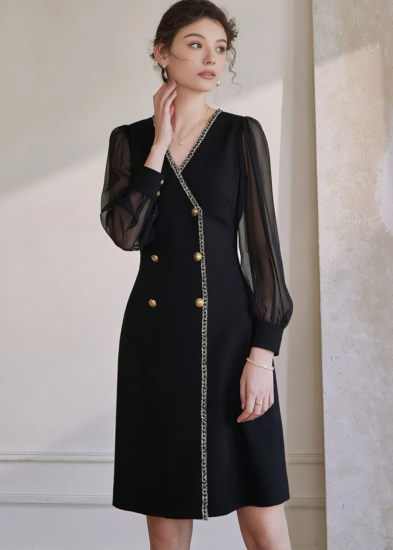 V-NECK STITCHING CHIFFON DRESS