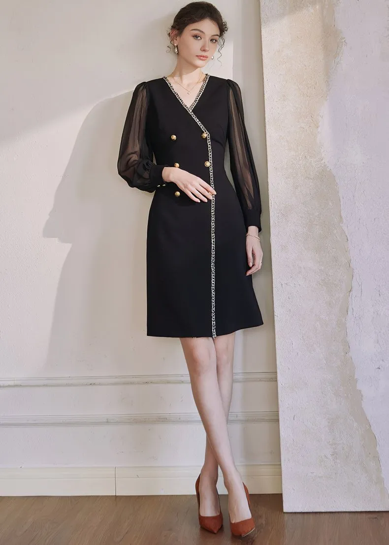 V-NECK STITCHING CHIFFON DRESS