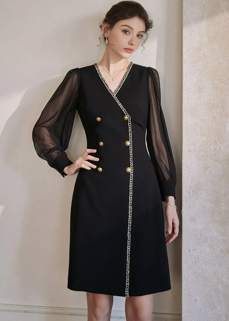 V-NECK STITCHING CHIFFON DRESS