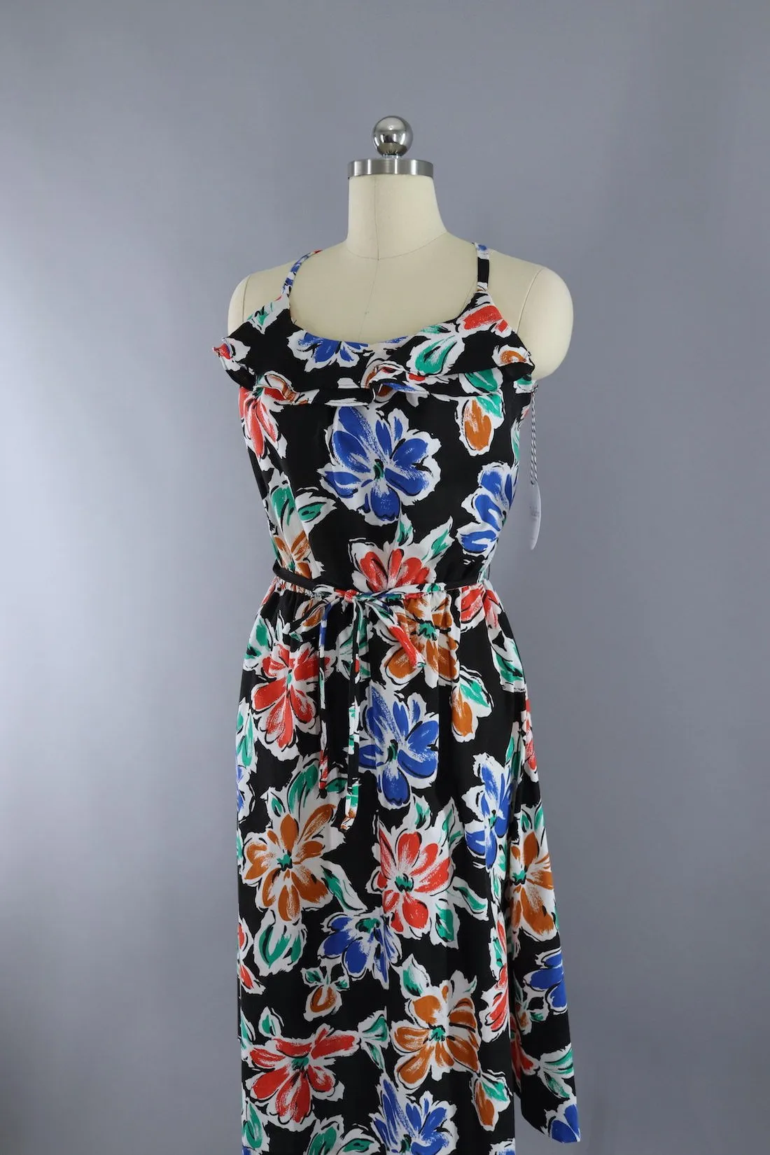 Vintage 1980s Black Floral Print Sundress