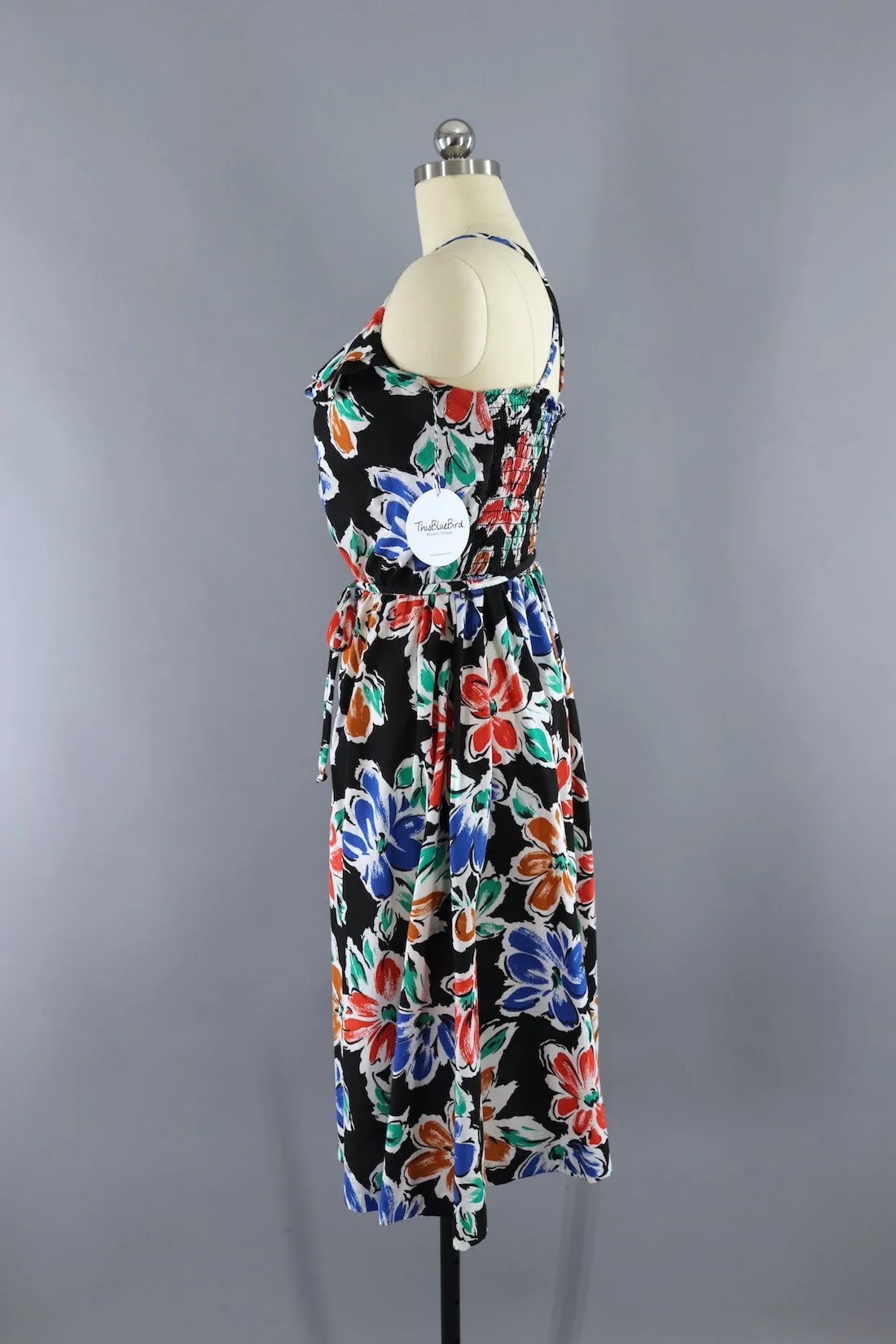 Vintage 1980s Black Floral Print Sundress