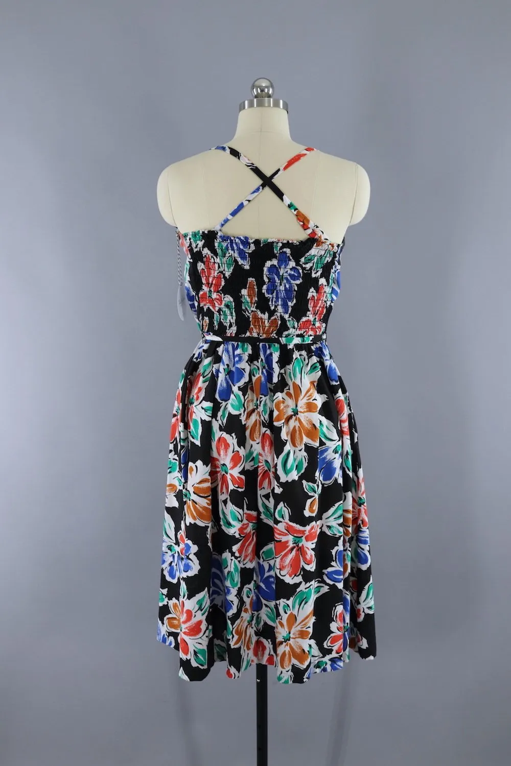 Vintage 1980s Black Floral Print Sundress