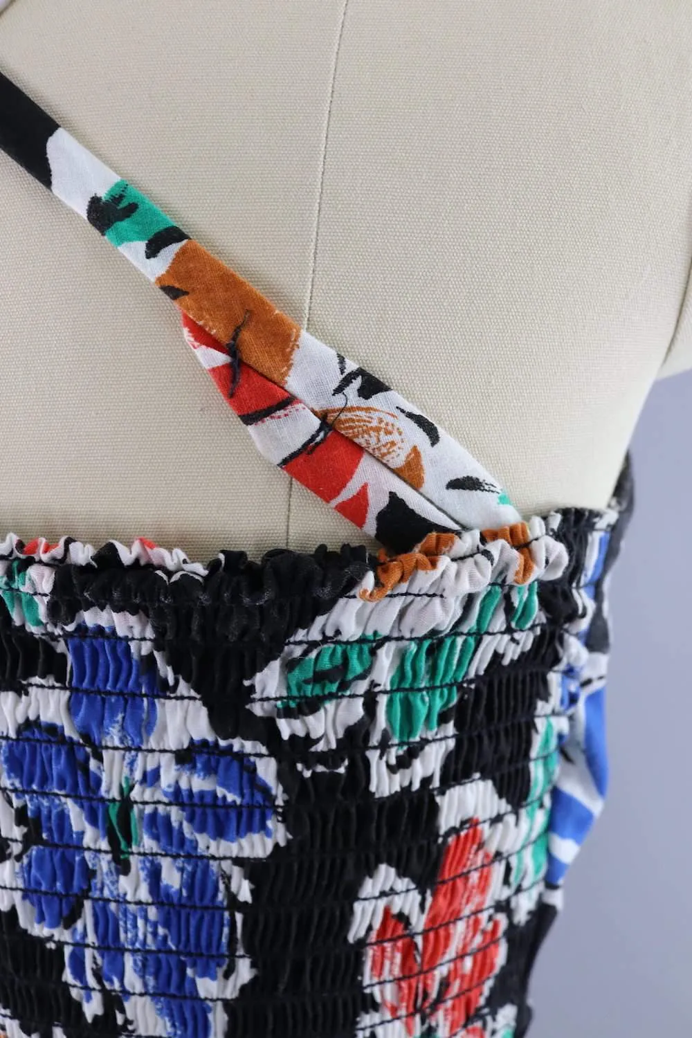 Vintage 1980s Black Floral Print Sundress