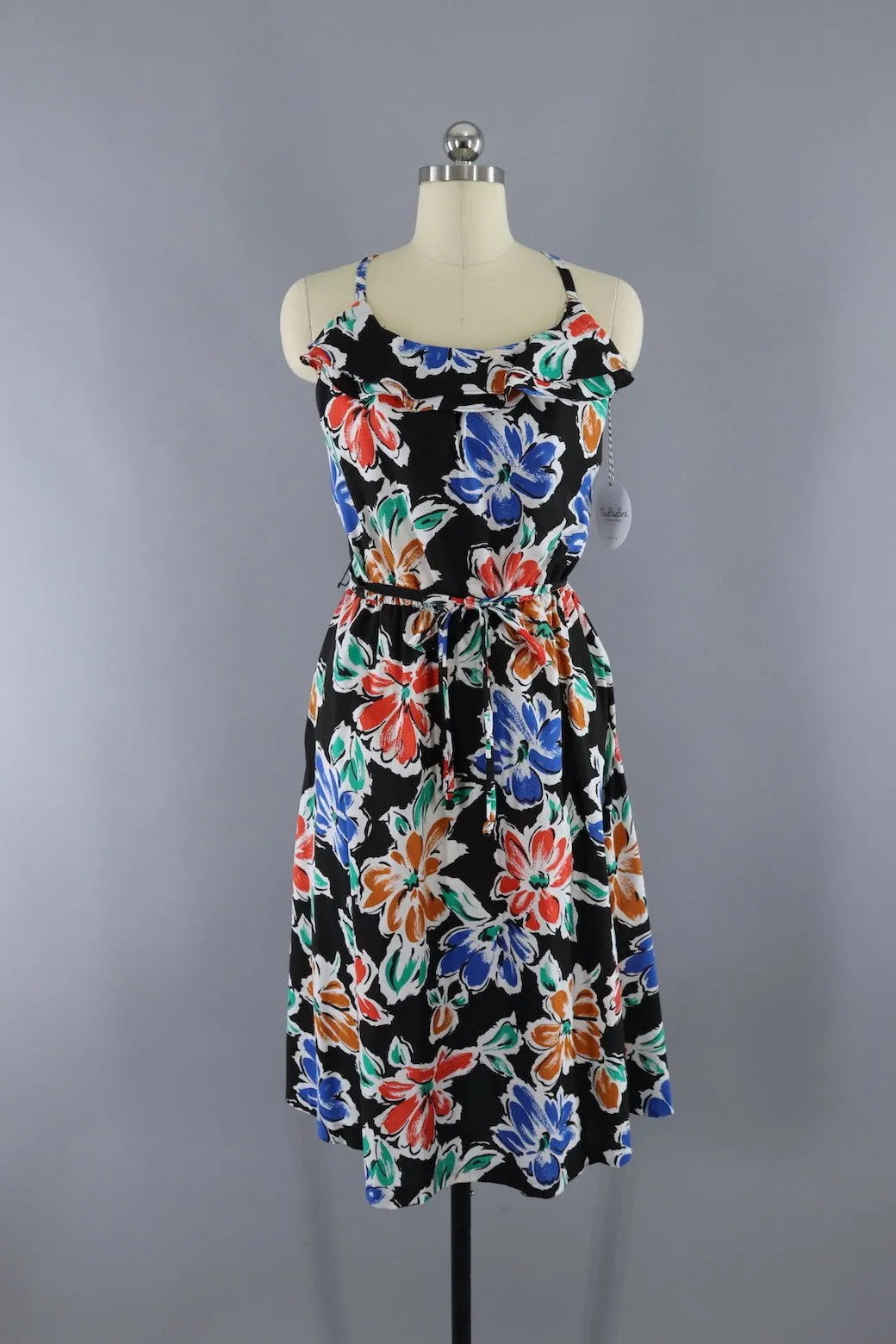 Vintage 1980s Black Floral Print Sundress
