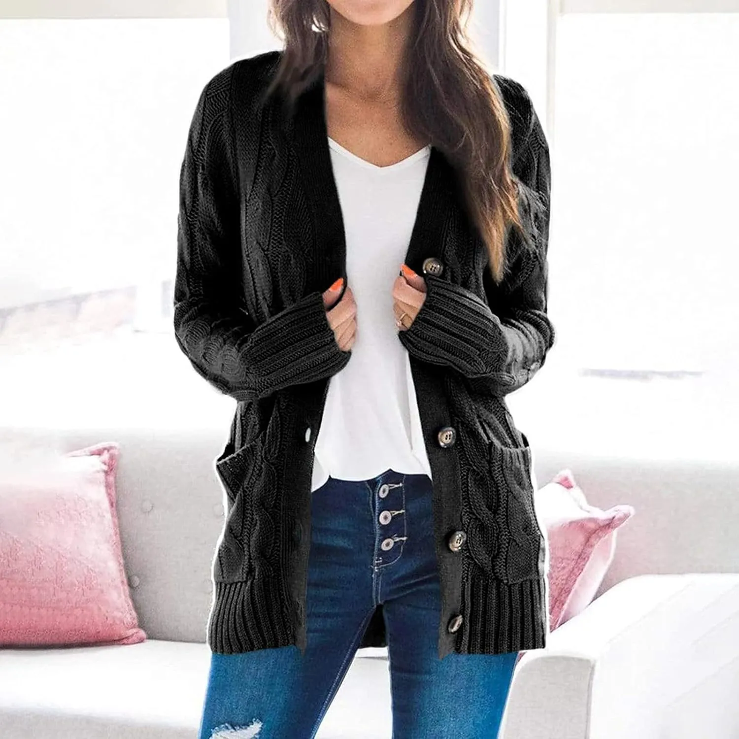 Winter Coats for Women 2025 Cable Knit Long Sleeve Sweaters Button Down Fall Outwear Coat Comfy Open Front Cardigan