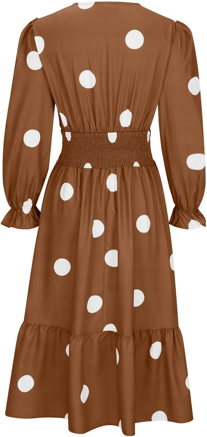 Woman Long Sleeve Tiered Ruffle Flowy Midi Dress Wrap V-Neck Polka Dots Dress Casual Pleated hem Comfort Dresses