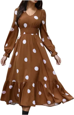 Woman Long Sleeve Tiered Ruffle Flowy Midi Dress Wrap V-Neck Polka Dots Dress Casual Pleated hem Comfort Dresses