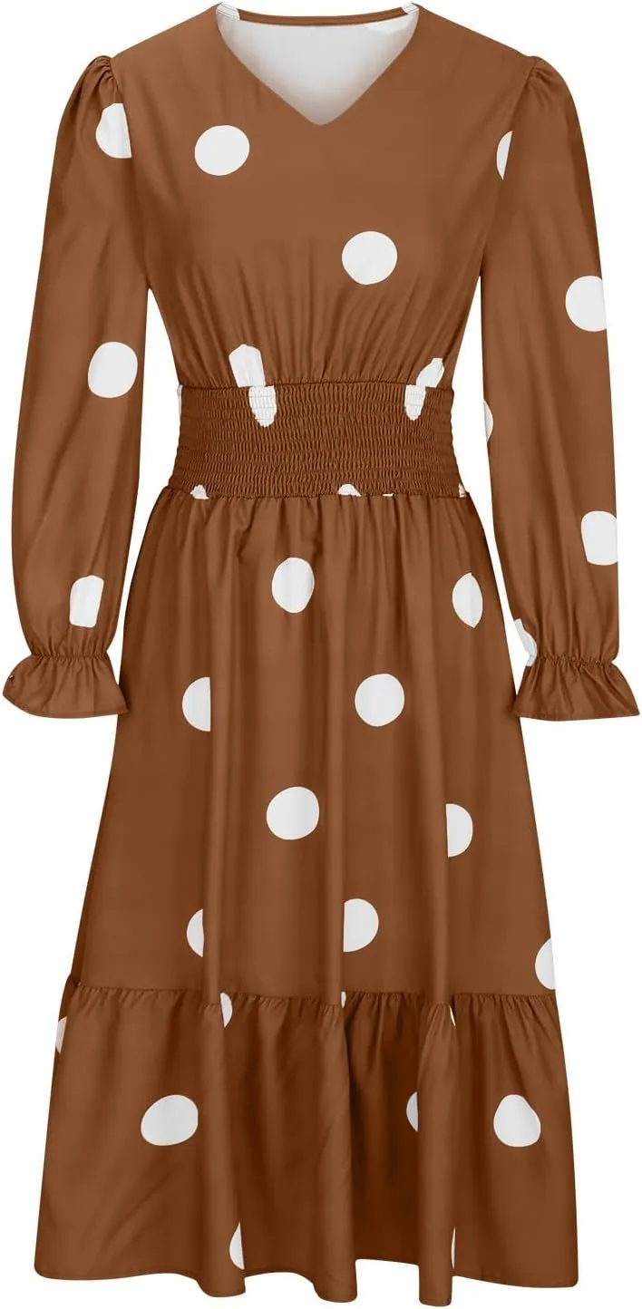 Woman Long Sleeve Tiered Ruffle Flowy Midi Dress Wrap V-Neck Polka Dots Dress Casual Pleated hem Comfort Dresses