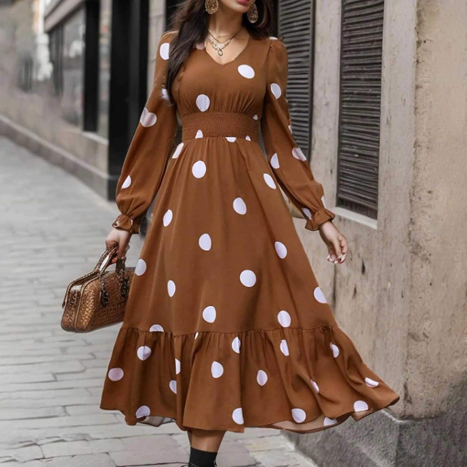 Woman Long Sleeve Tiered Ruffle Flowy Midi Dress Wrap V-Neck Polka Dots Dress Casual Pleated hem Comfort Dresses