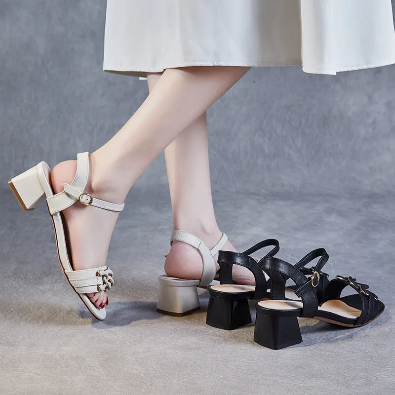 Women Minimalist Fashion Leather Low Block Sandals