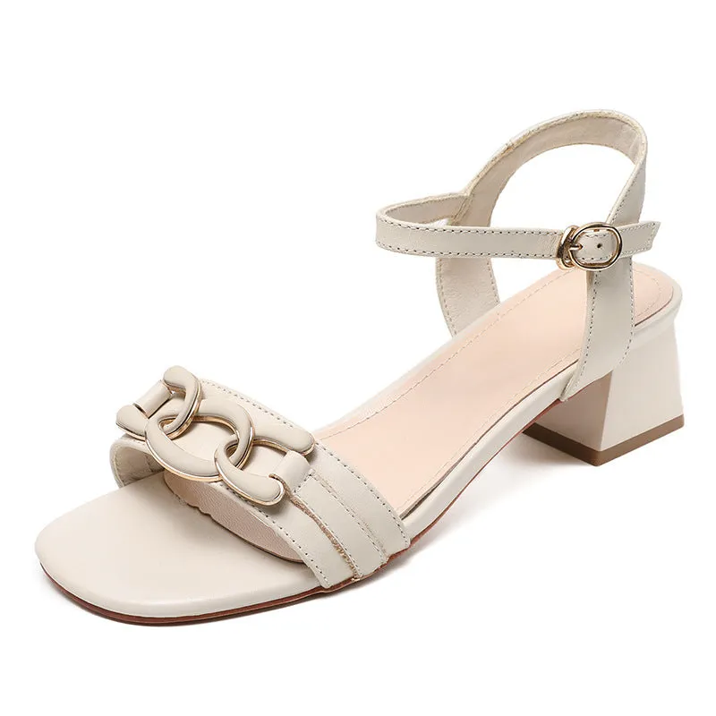 Women Minimalist Fashion Leather Low Block Sandals