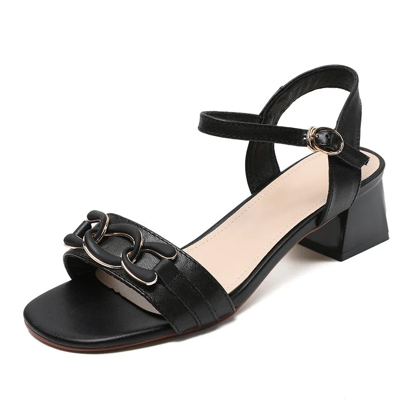 Women Minimalist Fashion Leather Low Block Sandals