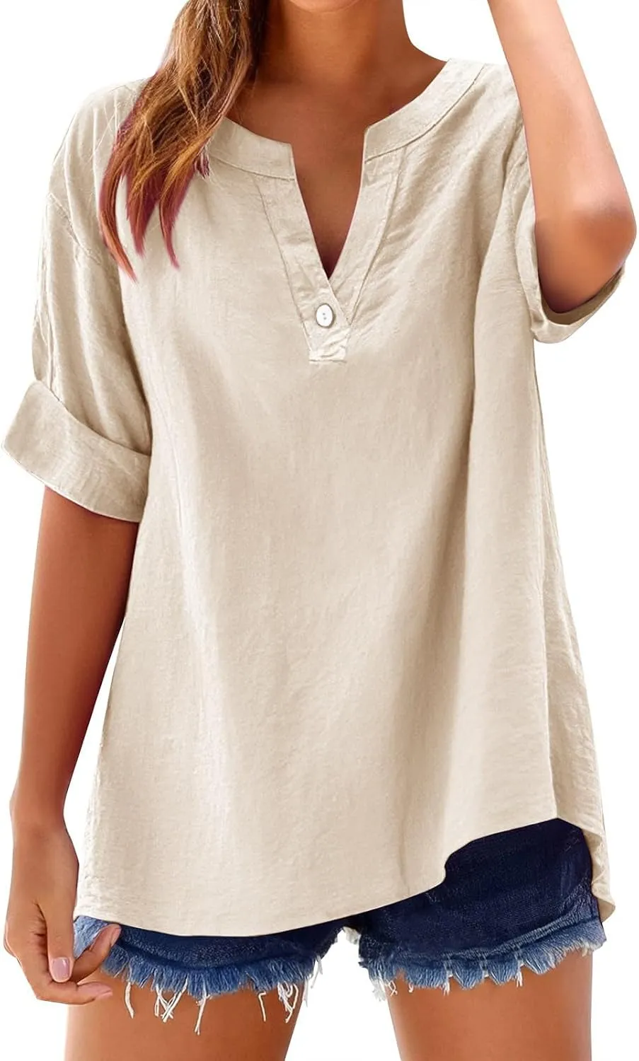 Women's Linen Tops Trendy Loose V Neck Button Down 3/4 Sleeve T-Shirts Casual Breathable Plain Pullover Tee Shirts