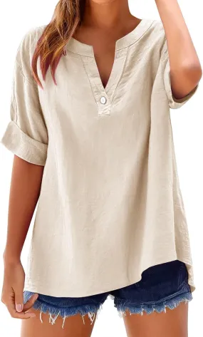 Women's Linen Tops Trendy Loose V Neck Button Down 3/4 Sleeve T-Shirts Casual Breathable Plain Pullover Tee Shirts