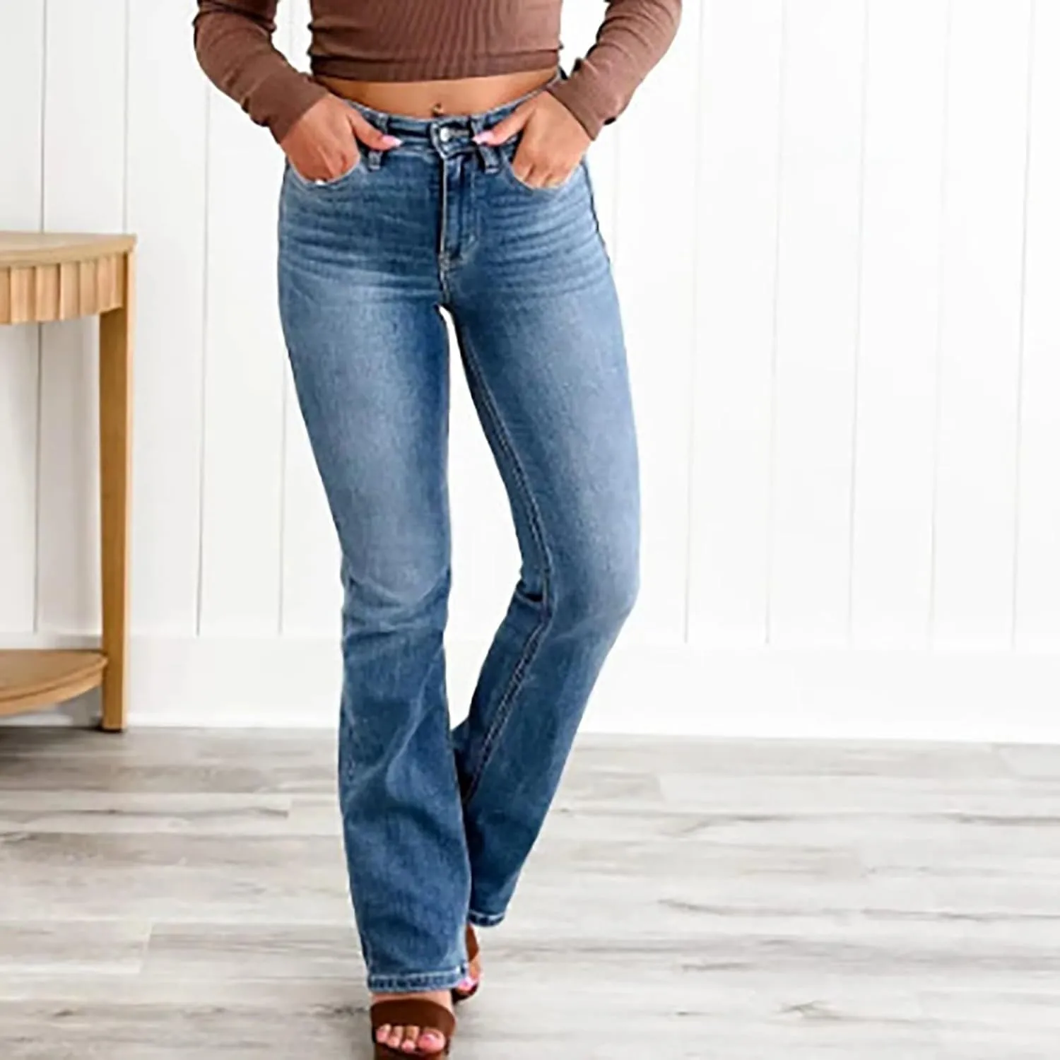 Womens Mid Rise Performance Waist Boot Cut Jeans Curvy Fit Stretch Flare Leg Denim Pants Classic Distressed Jeans
