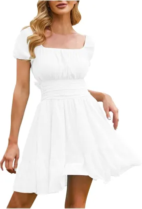 Women's Smocked Ruffle Mini Dress Mesh Long Sleeve Square Neck Party Dresses Flowy Casual A Line Summer Skirt