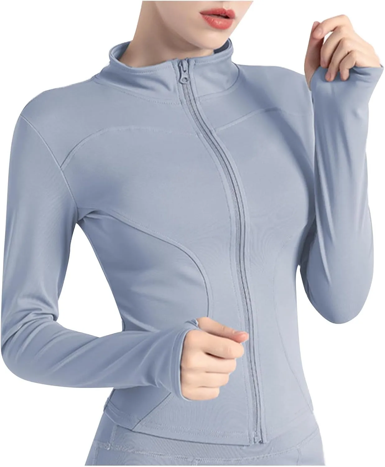 Womens Workout Shirts Long Sleeve Quick Dry Yoga Tops Running Breathable Athletic Slim Fit Solid Color Zip Outfits