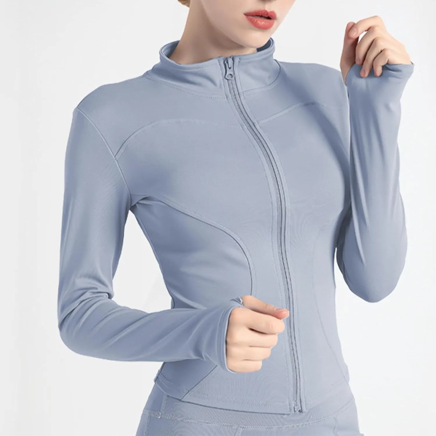 Womens Workout Shirts Long Sleeve Quick Dry Yoga Tops Running Breathable Athletic Slim Fit Solid Color Zip Outfits
