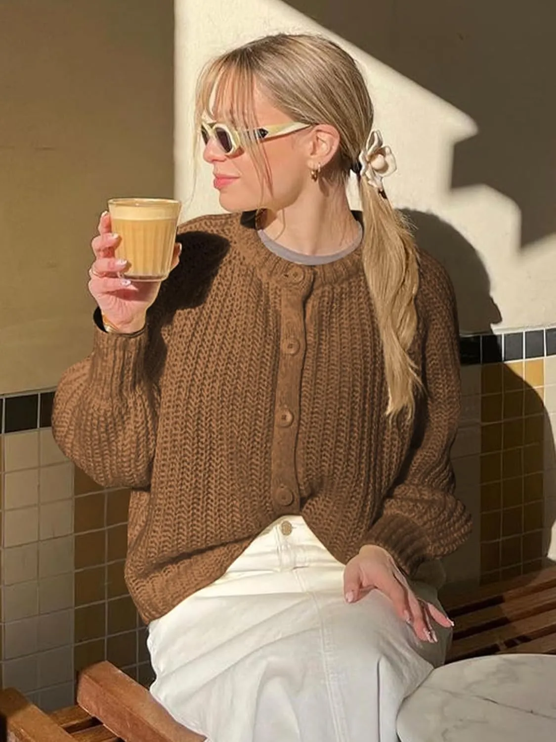 YKR Womens Fall Cardigan Sweater Long Sleeve Chunky Knit Open Front Button Loose Casual Cardigan Coat