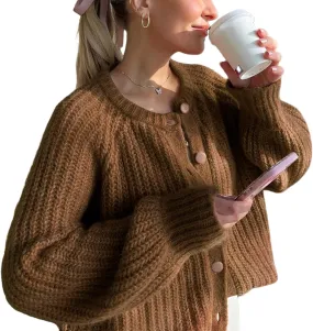 YKR Womens Fall Cardigan Sweater Long Sleeve Chunky Knit Open Front Button Loose Casual Cardigan Coat