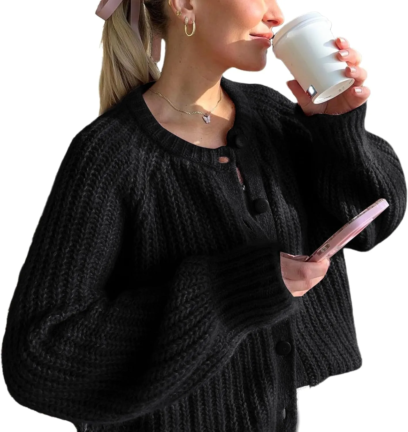YKR Womens Fall Cardigan Sweater Long Sleeve Chunky Knit Open Front Button Loose Casual Cardigan Coat
